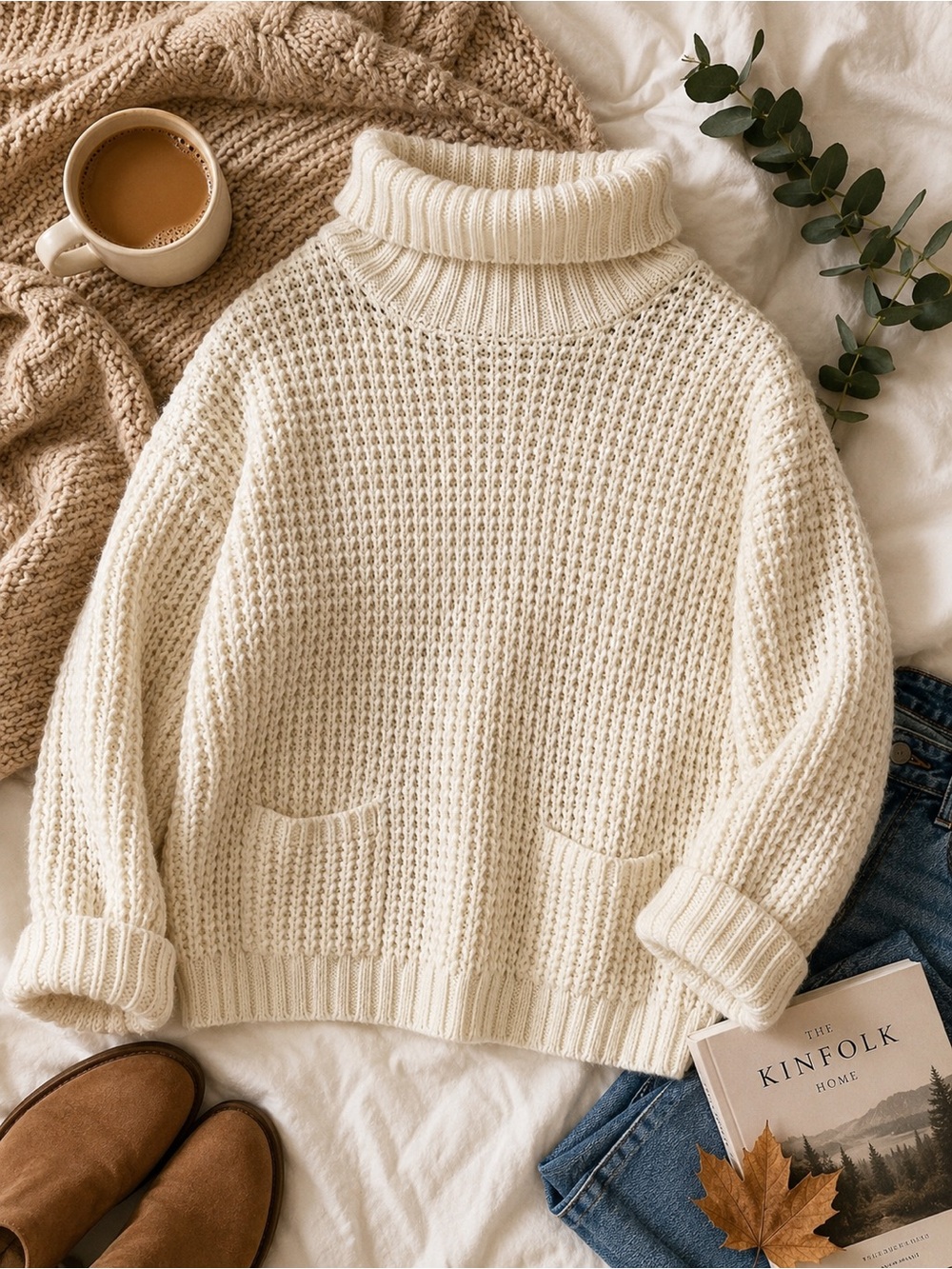 Carducci Cream Chunky Turtleneck Sweater XL Cozy Waffle Knit Pocket Pullover